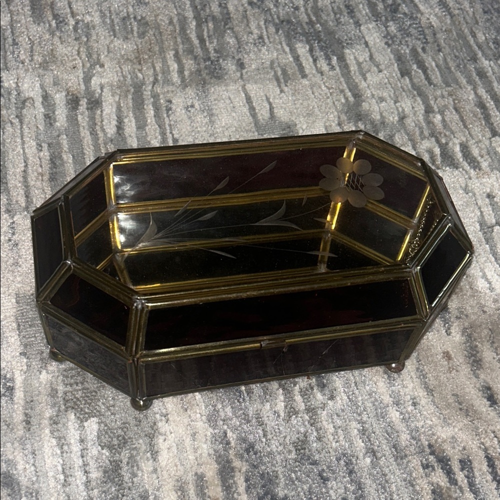 Vintage Handcrafted Stained Glass Jewelry Box | Mauve & Brass Etched Floral